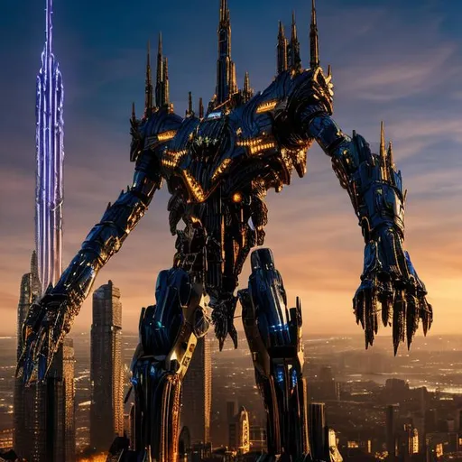 Prompt: A gothic 200 foot mech droid towering over a city(((( pacific rim, pacific rim, pacific rim, pacific rim, laser arm, laser arm, laser arm, blue and gold, blue and gold, blue and gold, giant drill on arm, giant drill on arm, giant drill on arm