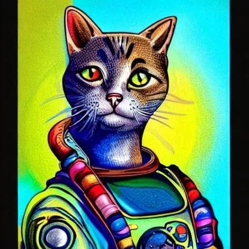 Prompt: a colorfull drawing of a cat wearing  a space suit ring lights, with solid colors