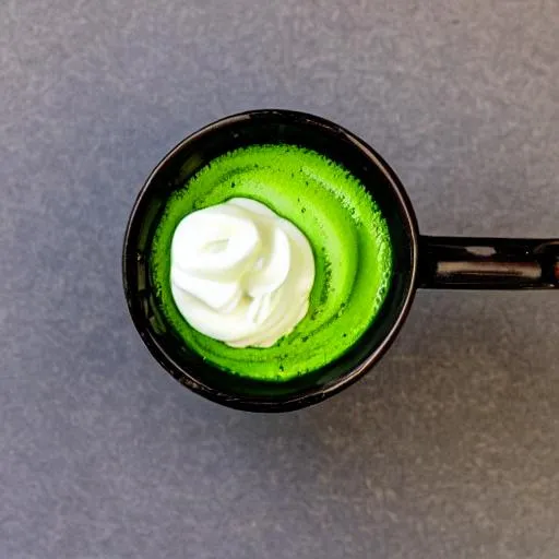 Prompt: Ultra realistisch, matcha latte, Blauregen im Hintergrund, Japanese, whipped cream, black sprinkels