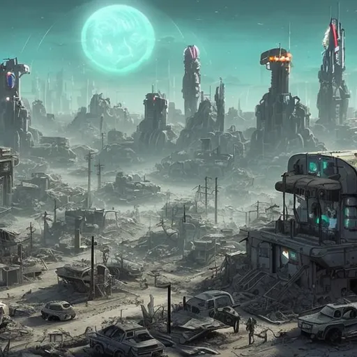Prompt: Post apocalyptic town with futuristic tech on a surrounded by dead trees and a futuristic city in the background 
