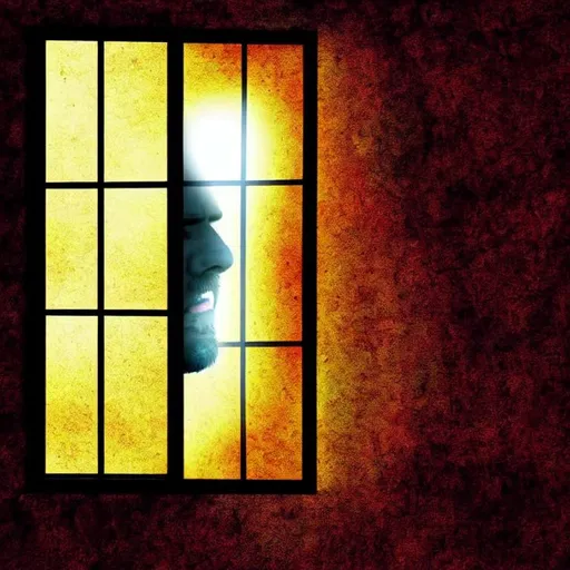 Prompt: man dying next to a window seeing heaven through the window waiting patiently to pass by while his body is diminishing and rotting his soul is bright and vibrant and uplifting from his body a beam of light his soul abstract art hidden messages 