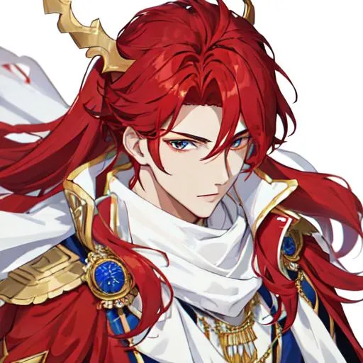 Prompt: Zerif 1male (Red side-swept hair covering his right eye) wearing a royal suit, white shawl, wedding