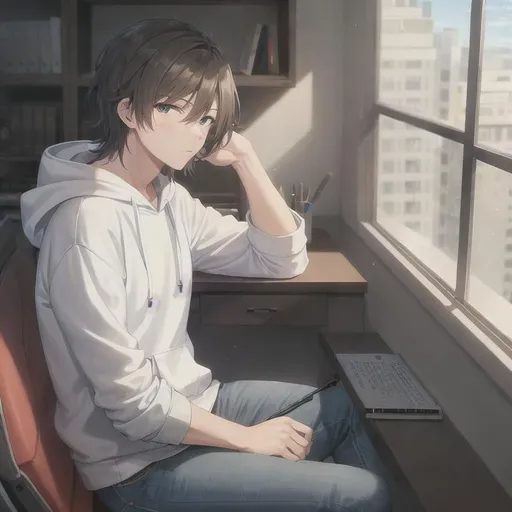 Prompt: Guy sitting beside window, at desk, shelves, wearing hoodie and jeans