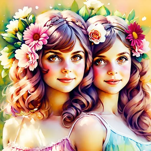 Prompt: two  cute girls, flowers in hair, surrounded by flowers
