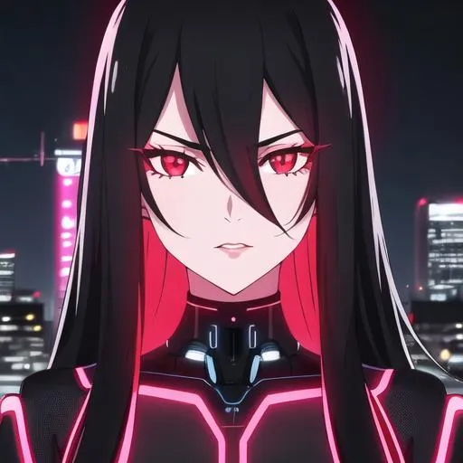 Prompt: Portrait of a young woman with long black hair that reaches her waist and with pretty face, cybernetic red colored eyes, night city, neon lights, black bodysuit, black outfit, perfect composition, super detailed, 8k, high quality, trending art, trending on artstation, sharp focus, studio photo, intricate details, highly detailed