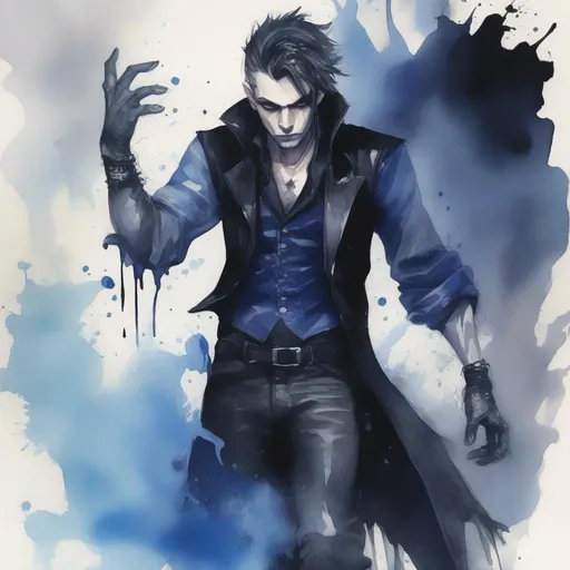 Prompt: Splash Art, watercolor, sorcerer with blue vest and black clothing, goth style