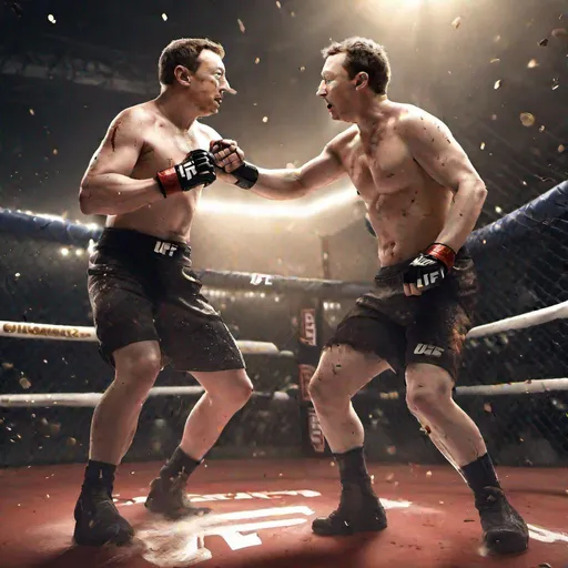 Prompt: Elon Musk and Mark Zuckerberg are fight in arena of UFC , they both have scars and blood drops on faces, its light radiating outward in a brilliant display of stars, illuminating the darkness of the night, octane render, backlit, golden glow, cinematic.