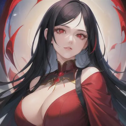 Prompt: (masterpiece, illustration, best quality:1.2), (floating in a blood filled pool), trimmed black hair, red eyes  wearing white robe, best quality face, best quality, best quality skin, best quality eyes, best quality lips, ultra-detailed eyes, ultra-detailed hair, ultra-detailed, illustration, colorful, soft glow, 1 woman, mature woman
