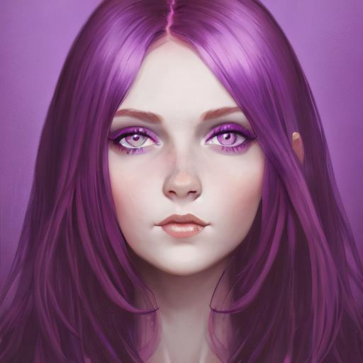 A purple woman portrait, violet eyes, red hair, pink... OpenArt