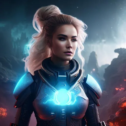 Prompt: create f photograph of beautiful fictional female elite space soldier who is from future , extremely, wide angle, detailed environment, detailed background, planets an nebulae in sky highly detailed, intricate, detailed skin, natural colors , professionally color graded, photorealism, 8k, moody lighting

