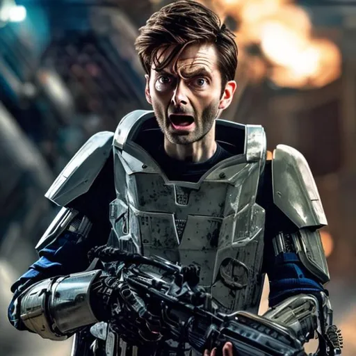 Prompt: A 28 year old David Tennant with a crew cut shouting angrily wearing an armored futuristic scifi military uniform and holding an advanced exotic shotgun in full color