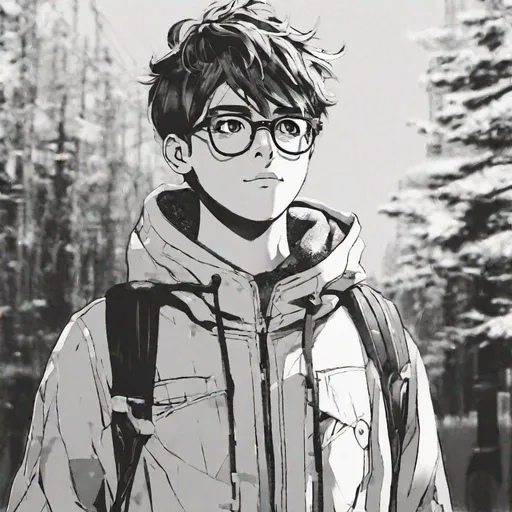 Prompt: a boy named matt winter with glasses drew in anime style with a black and white filter