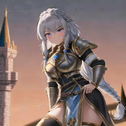 Prompt: The Dwarven King is a Women standing in front of a castle while wearing highly detailed full plate Armor. She is holding and Ornate Sword and she has white braided hair. She is Short and stout. She gives off an air of Toughness and Authority. 