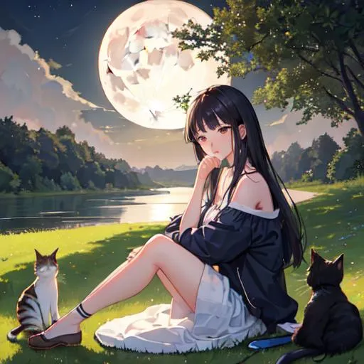 Prompt: she is sitting on a grassy field near the river with her cat and looking at the glorious moon that is also reflecting in the river and she is rubbing her cat's fur