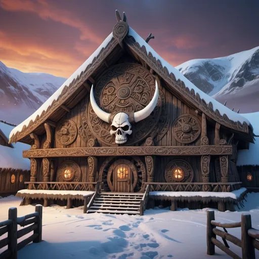 Prompt: Huge Viking longhouse, entire structure, wooden materials, snow covered, roof decorated with a giants skull, intricate carvings details, immersive world-building, high quality, detailed, epic scale, fantasy, game style, vibrant colors, dusk