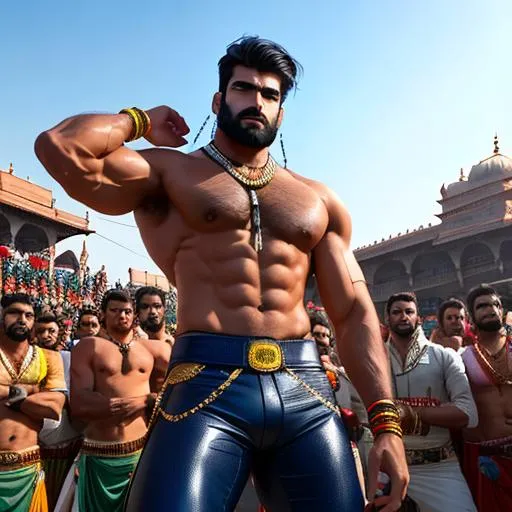 Prompt:  ("wet gujjar  kanpur" tallest rugged hypermasculine muscular hunk
) "racing" a ( tallest rugged hypermasculine hairy hunk  "gujjar haryanvi" in "leather pants") inside a  delhi bright crowded village wide field with heads of people. wide shot photo, arena, perfect composition, hyperrealistic, super detailed, 8k, high quality, trending art, trending on artstation, sharp focus, studio photo, intricate details, highly detailed, 