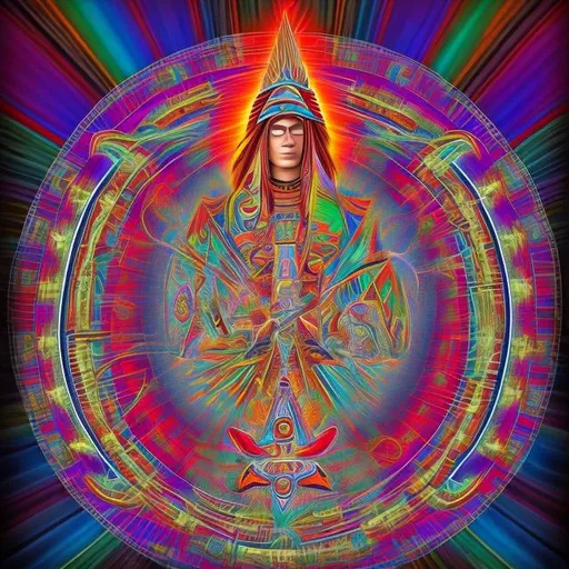 Prompt: picture of lakota souix trippy style with sacred geometry