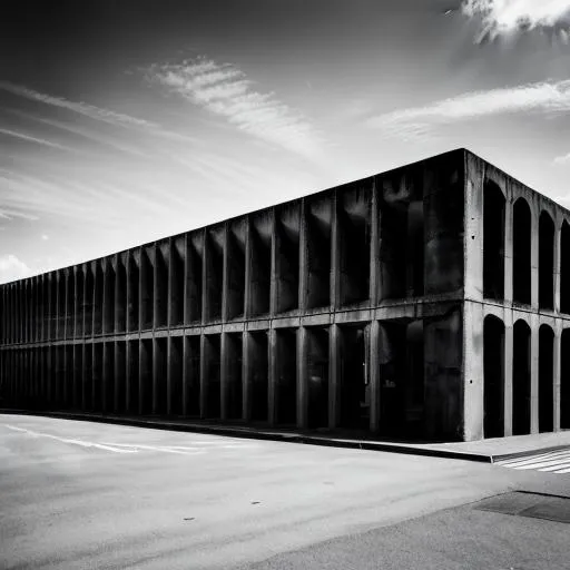 Prompt: brutalist city, black and white, gloom effect, perspective shot, sunny background


