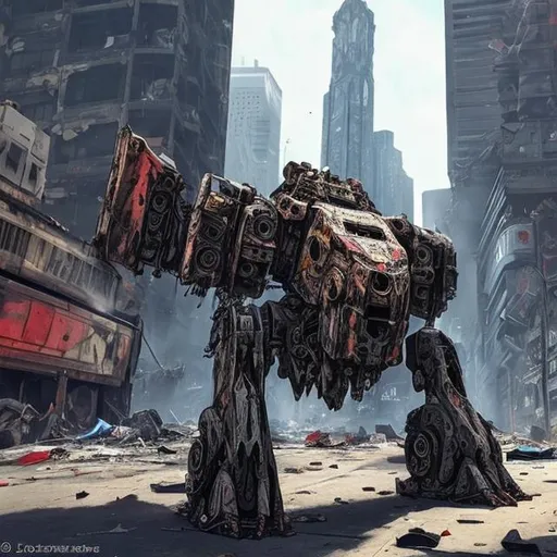 Prompt: paisley painted  destroyed mech in the middle of a city.