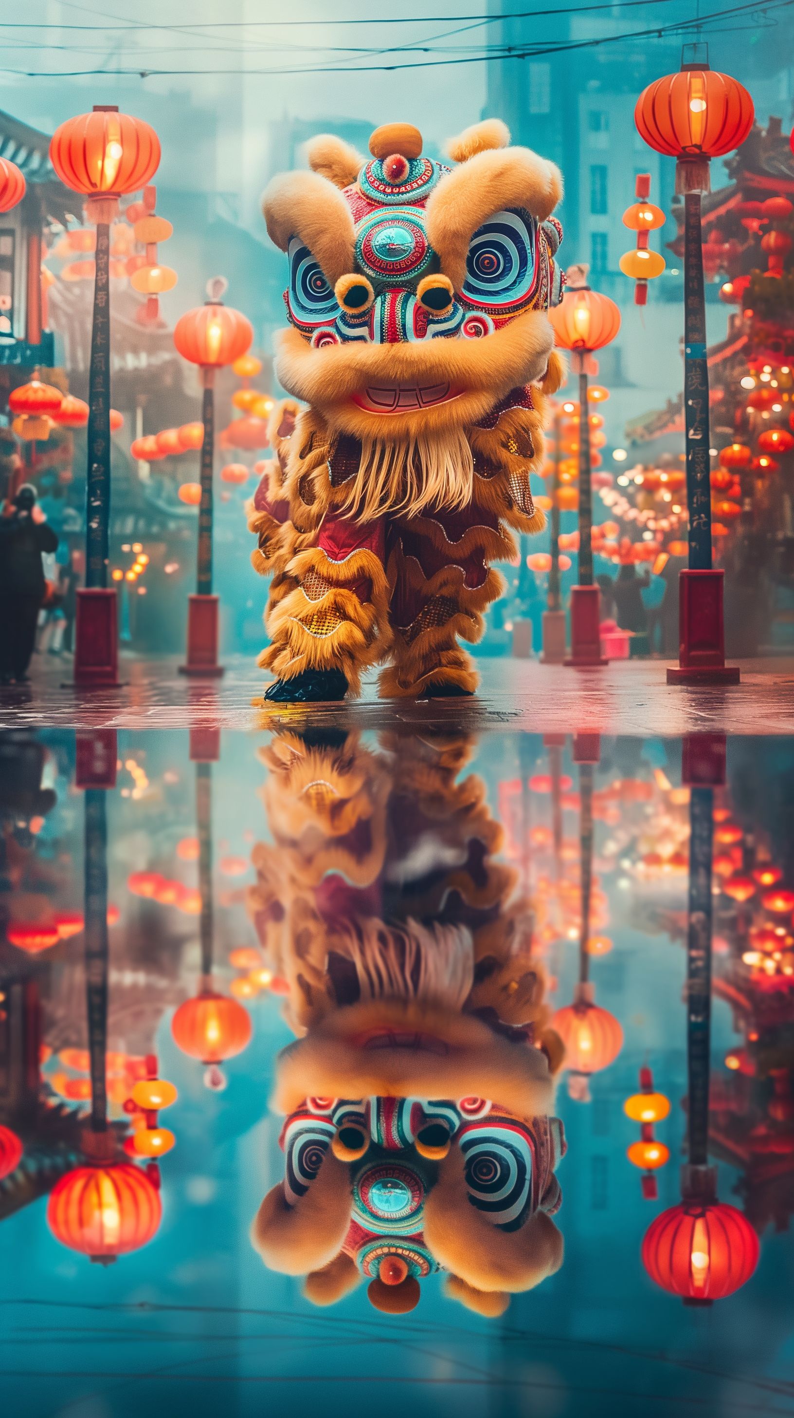 Prompt: realistic lion dancers jumping over poles, perfect reflection in the water under the poles, colorful asian city backround, peace --ar 9:16 --v 6.0