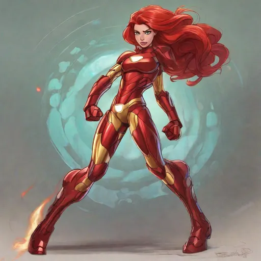 Prompt: Vivid, detailed, Disney art style, full body, Ariel Disney Princess, Hair part on left side, full body, Female Iron Man, thin waist, preparing to fight