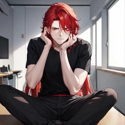 Prompt: Zerif 1male (Red side-swept hair covering his right eye) upset, sad, sitting at his desk, wearing a black shirt, wearing grey shorts UHD, 8K, highly detailed