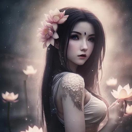 Prompt: fantasy, magical, white, lotus flower, tifa, kimono, ultra detailed artistic photography, light hair, midnight aura, full-body, night sky, detailed gorgeous face, dreamy, glowing, glamour, glimmer, shadows, smooth, ultra high definition