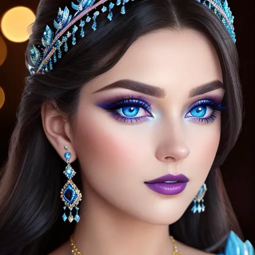 Prompt: a realistic feminine elegant princess ,  dark hair, large blue eyes, wearing jewls in her hair,  beautiful makeup, blue eyeshadow, dark pink lipstick, facial closeup