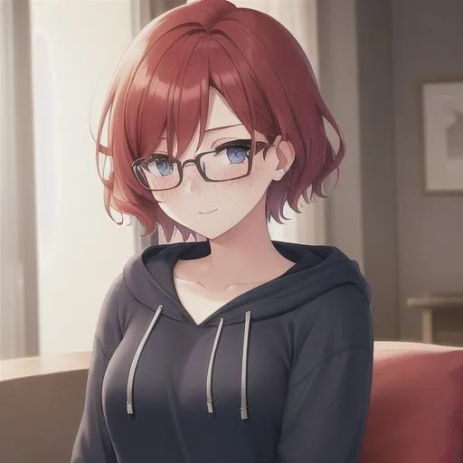Prompt: A woman, redhead, short hair, big round glasses, dark hoodie with shirt under, blue eyes, happy, blushing, cosy, moody, flat chest, freckles,