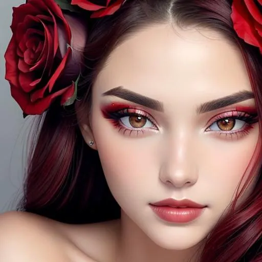 Prompt: Beauty, Beautiful and Gorgeous red roses in hair, pretty makeup, facial closeup