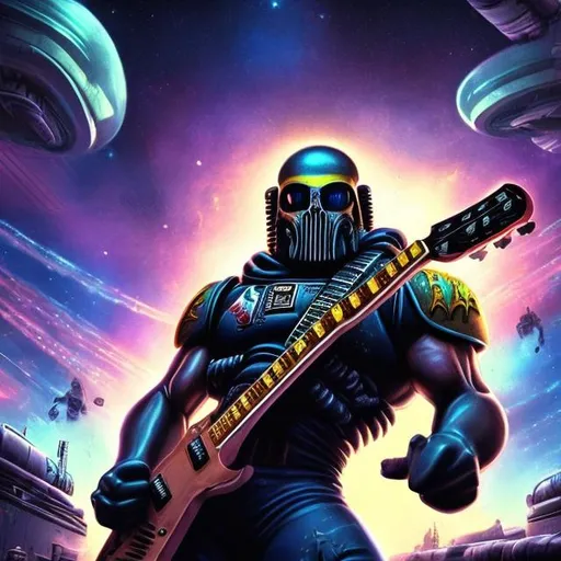 Prompt: Bodybuilding  space marine, playing guitar for tips in a busy alien mall, widescreen, infinity vanishing point, galaxy background