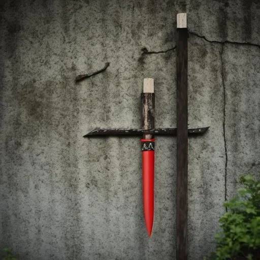 Prompt: abandoned Japanese temple wall with a kunai stuck to the wall 