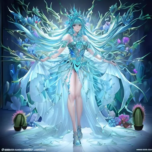 Prompt: Full body aquamarine Queen, full lips, blue eyes, flowers, cactus, crisp, gilded, intricate, flowing, 
led, hyper-detailed, 64K, UHD, HDR, unreal engine, vivid colors