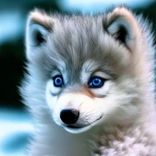Prompt: Cute baby wolf with blue eyes and white fur coat