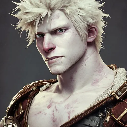 Prompt: male,albino,warrior,30-year-old,mercenary,very short hair,medieval,tough,handsome,white hair,the slightest stubble,leather armor,healed scars,grinning menacingly,pale skin,halfbody picture