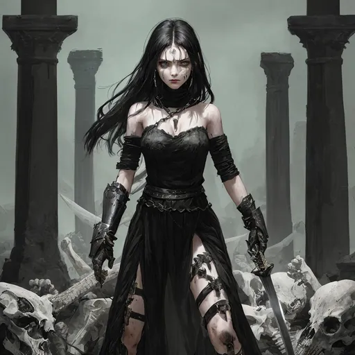 Prompt: A young warrior woman, with black hair and green eyes, dressed in a black dress with silver shackles around her arms. She stands on the bones of her enemies, with two swords in both hands. Tears of blood run down her face from the pain.



