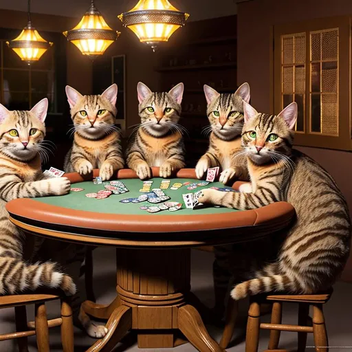 Prompt: a group of Sokoke Tabby Cats playing poker at a table, photorealistic, ambient lighting, 12k, ultra realistic, in the style of Tony Sart, Canon EOS R6, 24mm, high quality, ultra detailed, ambient bokeh surroundings
