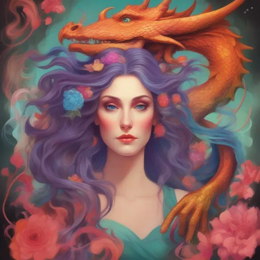Prompt: A colourful and beautiful Persephone, with her hair being made out of magic, with a dragon in a painted style