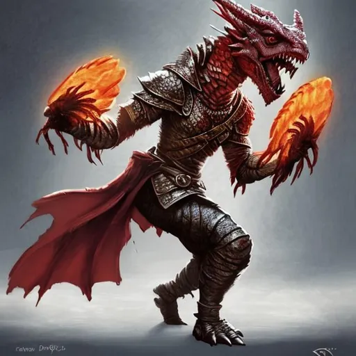 Prompt: DnD red dragonborn female rogue dancing while holding chicken wings in each hand