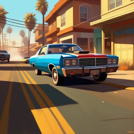 Prompt: GTA San Andreas, car chase, cops, cartoony, sunny atmosphere, extremely detailed painting by Greg Rutkowski and by Henry Justice Ford and by Steve Henderson