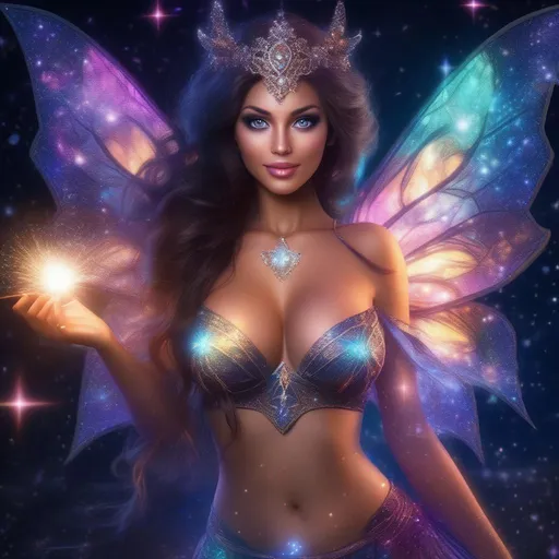 Prompt: A complete body form of a stunningly beautiful, hyper realistic, buxom woman with incredible bright eyes wearing a sparkling, glowing, skimpy, natural, flowing, sheer, fairy, witches outfit on a breathtaking night with stars and colors with glowing, detailed sprites flying about