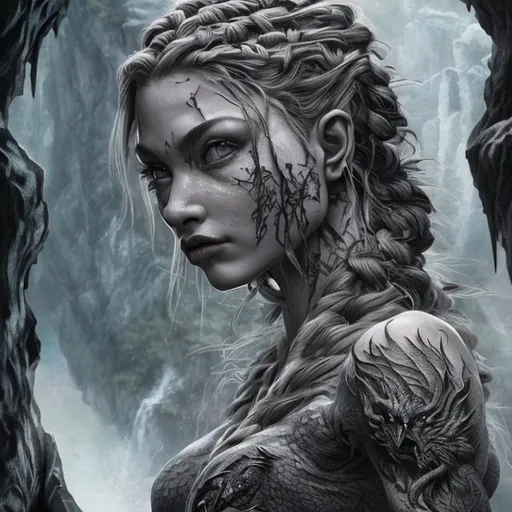 Prompt: (masterpiece) (very sharp) (4K UHD) (best quality) (hyper realistic).  tattooed woman into dragons cave, extremely detailed face, extremely detailed eyes, absolutely real, extremely detailed hair, dragon braid hairstyle, 3D illustration, extremely detailed lips, extraordinary beauty,  waterfall, extremely detailed tattoo art, grey eyes, rocky field, mountain field.