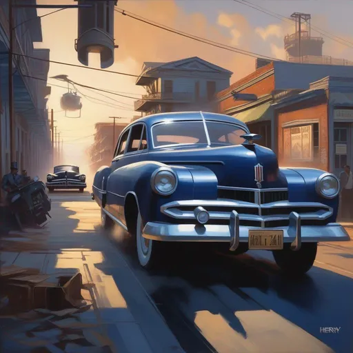 Prompt: Mafia III, car chase, industrial area, cartoony, navy blue atmosphere, extremely detailed painting by Greg Rutkowski and by Henry Justice Ford and by Steve Henderson