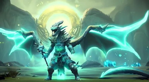 Prompt: make this person with the glowing sword on top of a white dragon with yellow crystals coming out of it instead of spikes and a blue green aura coming out of it's head.