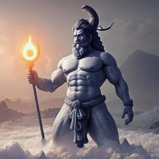 Prompt: God Shiva erupting from tidal tsunami, dark waters, armed with traditional weapons, battle stance, bearded, hd, hyperrealism, glowing eyes, powerful aesthetic, unreal engine, fantasy art 4k, ultra HD render