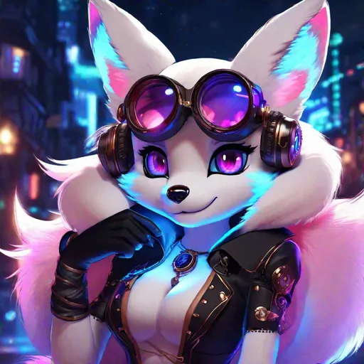 Prompt: highres, fursona, fox, cute, female, white and pink fur, glowing blue eyes, black fur gloves, night, neon lights, steampunk background, masterpiece, best quality, concept art, 8k, soft lighting