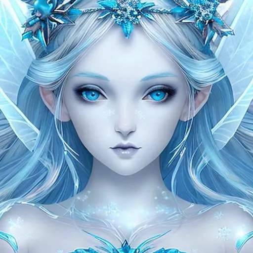 Prompt: fairy goddess of winter,, pale skin,ethereal, icy blue colors,closeup