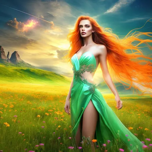 Prompt: HD 4k 3D 8k professional modeling photo hyper realistic beautiful mischievous woman ethereal greek goddess of mischief
bright orange hair green eyes gorgeous face tan skin dark shimmering dress dark wings full body surrounded by magical glowing light hd landscape background laying in a meadow on a hill