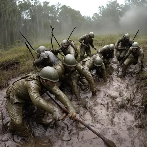 Prompt: trench warfare, swamp, spear battle, charge, mud, rain, dark, lightning
