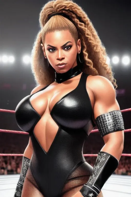 Prompt: Beyonce as WWE wrestlers, angry expression, muscle build, makeup, wrestling opponents in the wrestling ring, photorealistic, full body clear shot, detailed, ultrarealistic